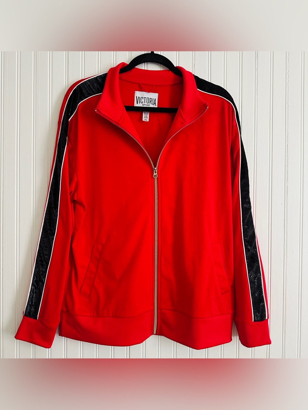 Victoria Sport Women's Red Zip-Front Bomber Jacket with Contrast Sleeve Panels